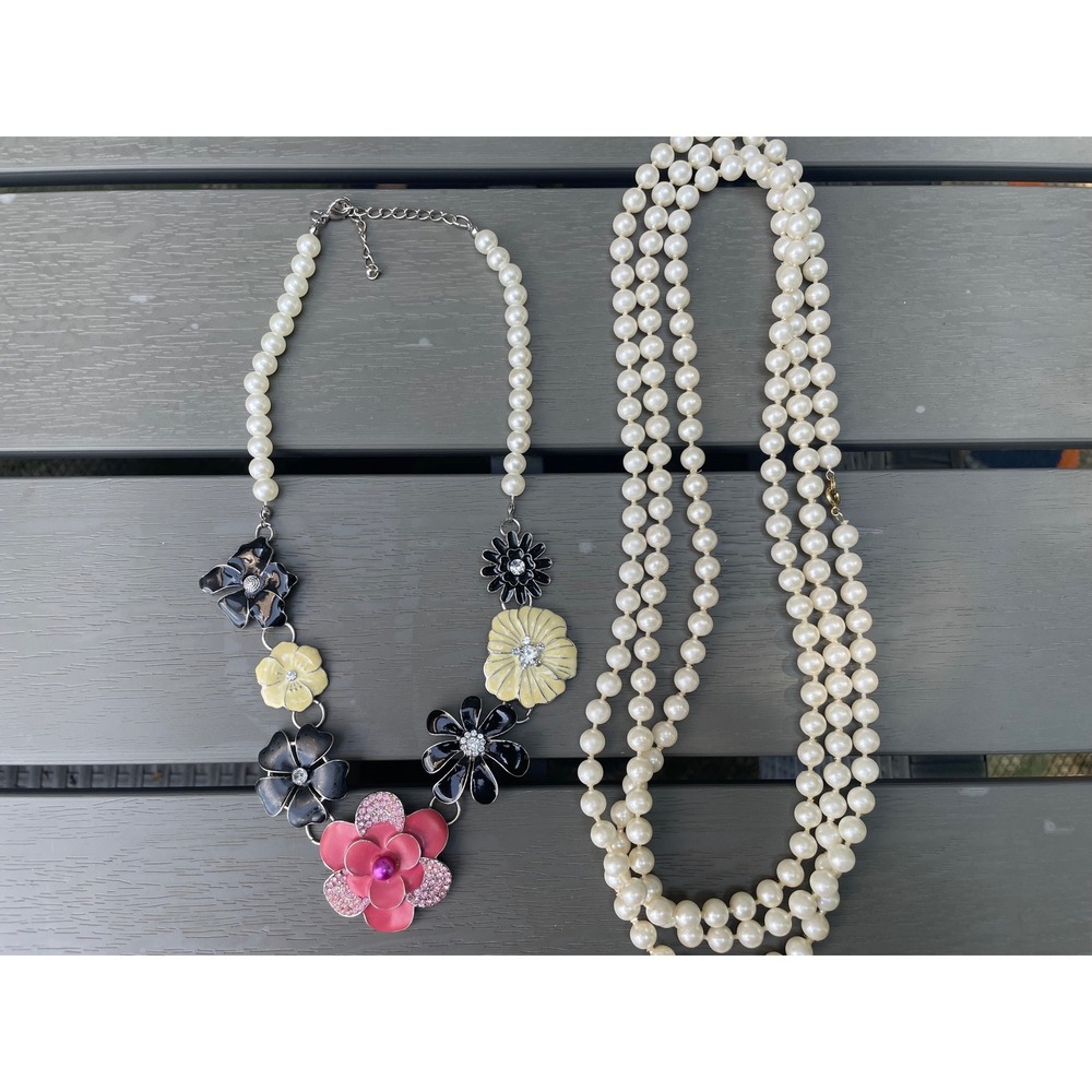 Vintage Faux Pearl Necklace Lot Floral Enamel Rhinestone & Triple Strand
